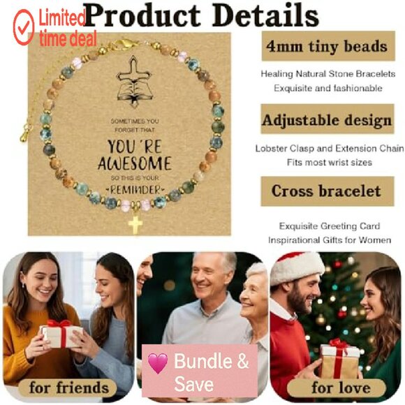 9PC Cross Bracelet Set Adjustable Natural Stone Beaded Faith Jewelry - Picture 5 of 8